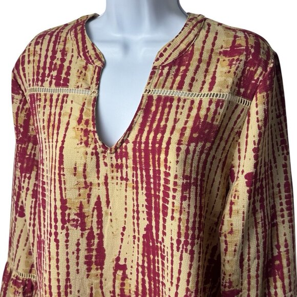 Tea, Please Red Beige Tie Dye Blouse Peasant Bohemian Cottagecore Country L - Picture 3 of 9